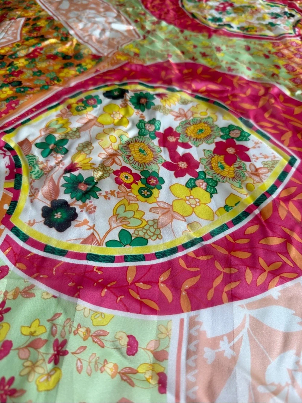 Vintage silk Pink, Green & Yellow Floral Square summer foulard Scarf